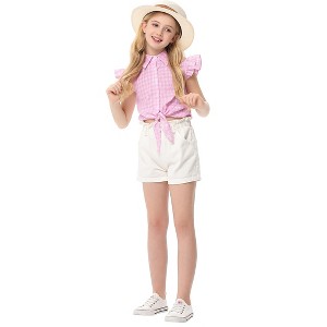 Girls Tie Front Knot Tops with Ruffle Sleeve Plaid Tops Tie Front Blouse Short Sleeve Button Down Shirts for Toddler Girls - 1 of 4