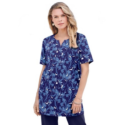 Roaman's Women's Plus Size Print Notch Neck Soft Knit Tunic