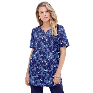 Roaman's Women's Plus Size Print Notch Neck Soft Knit Tunic - 1 of 4