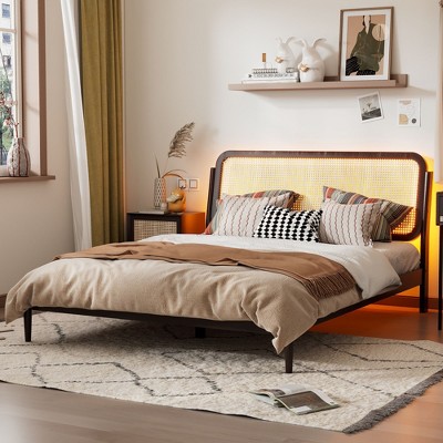 CAVINAS Platform Bed Queen Size Modern Wooden Bed Frame with Rattan Headboard and LED Light for Bedroom