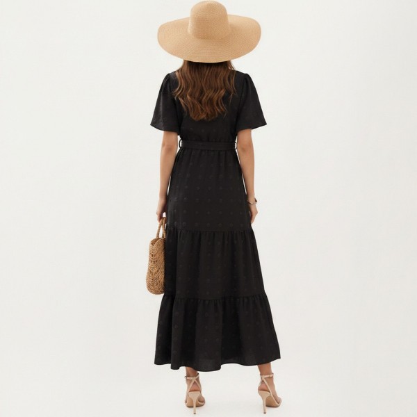 Vestido largo de mujer de manga corta con frente cruzado, lazo en cintura y falda en capas - Anna-Kaci 3