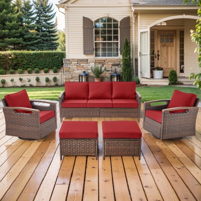 POCASSY 4 Piece Patio Furniture Set, All Weather Brown Wicker Outdoor Conversation Set with Patio Couch, Swivel Glider Chairs, and Metal Coffee Table