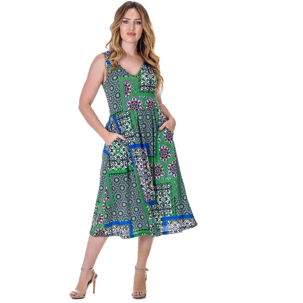 24seven Comfort Apparel Womens Midi Length Green Scarf Print Sleeveless Pleated Pocket Dress