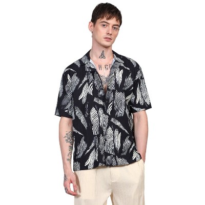 Campus Sutra Men Men's Onyx Black Oversized Foliage Lined Shirt
