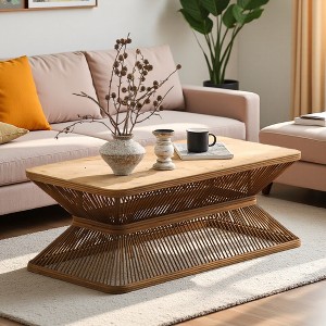 43.3" Wood Mid-Century Coffee Table with Bamboo Base - 1 of 4