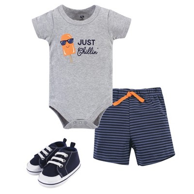 Hudson Baby Infant Boy Cotton Bodysuit, Shorts and Shoe 3pc Set, Chillin Popsicle