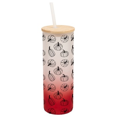 Elanze Designs Fall Pumpkin Autumn Season Wrap-Around Design 25 Ounce Frosted Gradient Glass On-The-Go Coffee Travel Skinny Tumbler Mug Cup, Bamboo