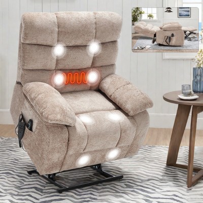 1pc Oversized Chenille Electric Recliner with Heat & Massage, Dual Motor Power Lift Chair for Elderly Support - Coolbibila