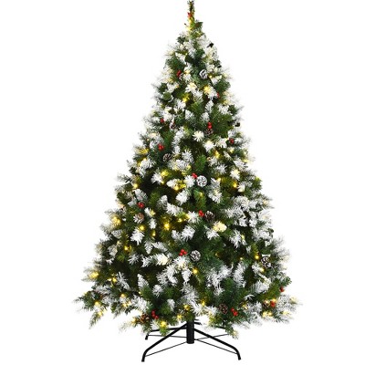 Costway 6ft Pre-lit Snowy Christmas Tree 818 Tips w/ Pine Cones & Red Berries