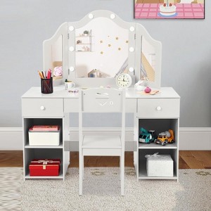 Kids Vanity Table with Touch Light /Detachable Tri-Folding Mirror, Open Storage Shelves, Wood Makeup Playset with Chair - 1 of 4
