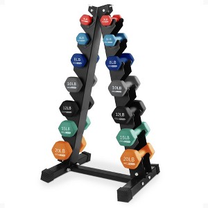 HolaHatha 146 Pound Neoprene Dumbbell Weight Set, 3, 5, 8, 10, 12, 15 and 20 Pound Free Hand Weights for Full Body Strength Workouts with Storage Rack - 1 of 4