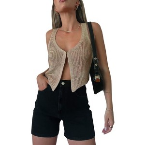 Womens cute Vest Shirts Semi Sheer Crochet Tops Cropped Vest Knit Sweater Tank Tops U Ncek Sleevless Cardigan Fancy Summer Tops - 1 of 4
