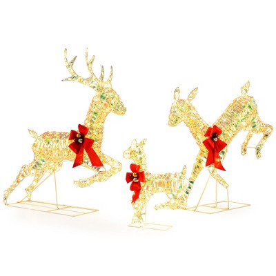 Tangkula 3-Piece Outdoor Christmas Lighted Reindeer Family Set Light up Xmas Deer Decorations with LED Lights & Fawn 3D Pre-Lit Set with Ground Stakes