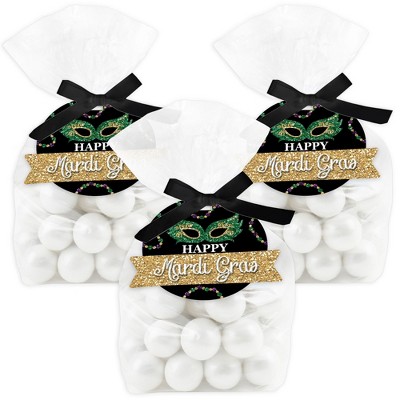 Big Dot of Happiness Mardi Gras - Masquerade Party Clear Goodie Favor Bags - Treat Bags With Tags - Set of 12
