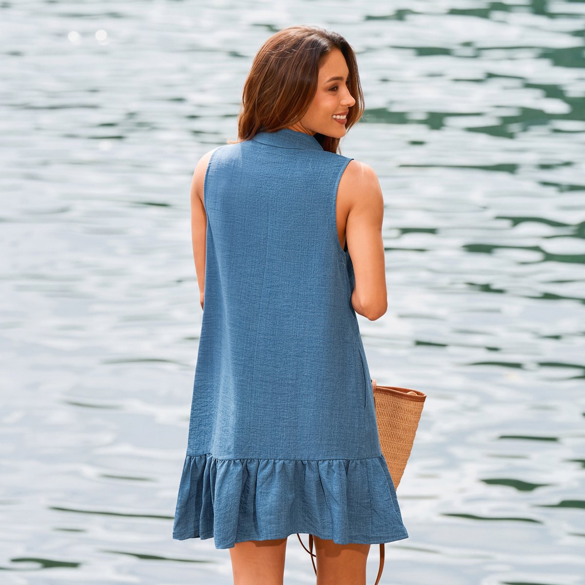 Женские платья Cupshe Women's Shirt Dress With Ruffled Hem-L-Blue — фото 3