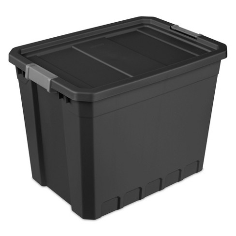 Sterilite 27 Gal Industrial Tote, Stackable Storage Bin with Latching Lid,  Plastic Container with Heavy Duty Latches, Black Base and Lid, 12-Pack