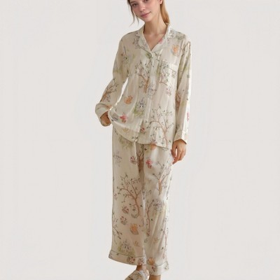 Anna-Kaci Lounge Women's Woodland Animal Pajama Set with Button-Up Long Sleeve Top and Relaxed Fit Pants