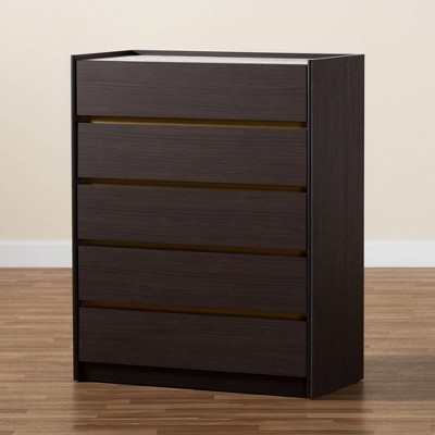 Walker Dark Brown Wood 5-Drawer Chest with Faux Marble Top