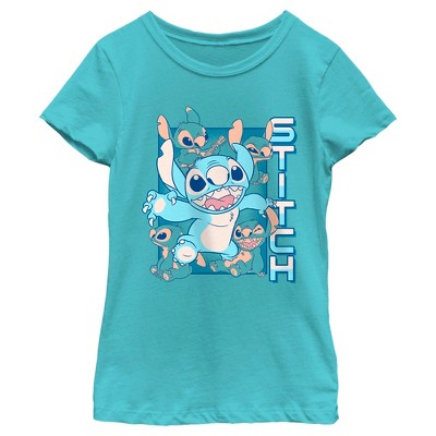 Girl's Lilo & Stitch Blue Stitch Faces T-shirt - Tahiti Blue - Medium ...