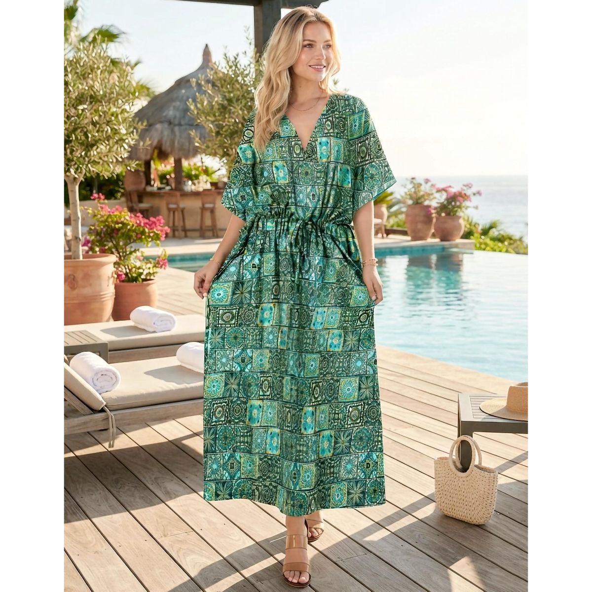 LA LEELA Summer Rayon Blend Vacation Ready Caftan for Women Resortwear Holiday Cruise Pregnancy Wear Maxi Dress 2X-3X Green Floral - thumbnail 3