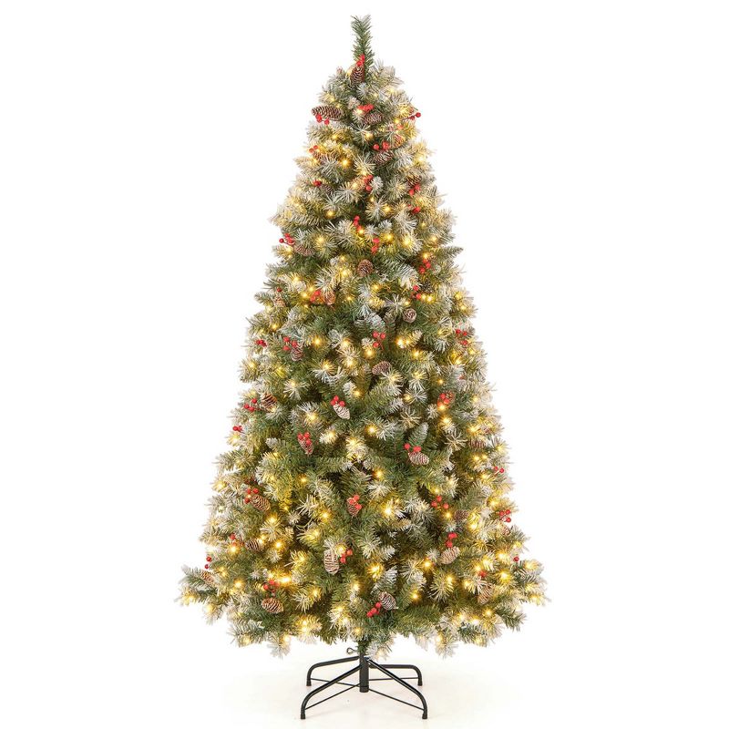 Costway 5FT/6.5FT/7.5FT Artificial Christmas Tree Hinged with 200/420/560/650 Warm LED Lights & 126/207/267/309 Red Berries, 1 of 11