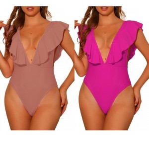 INSPIRE CHIC Women's V Neck Ruffled High Cut Tummy Control Monokini Swimwear Bathing Suit 2 Sets X-Large Hot Pink, Rosy Brown - 1 of 4