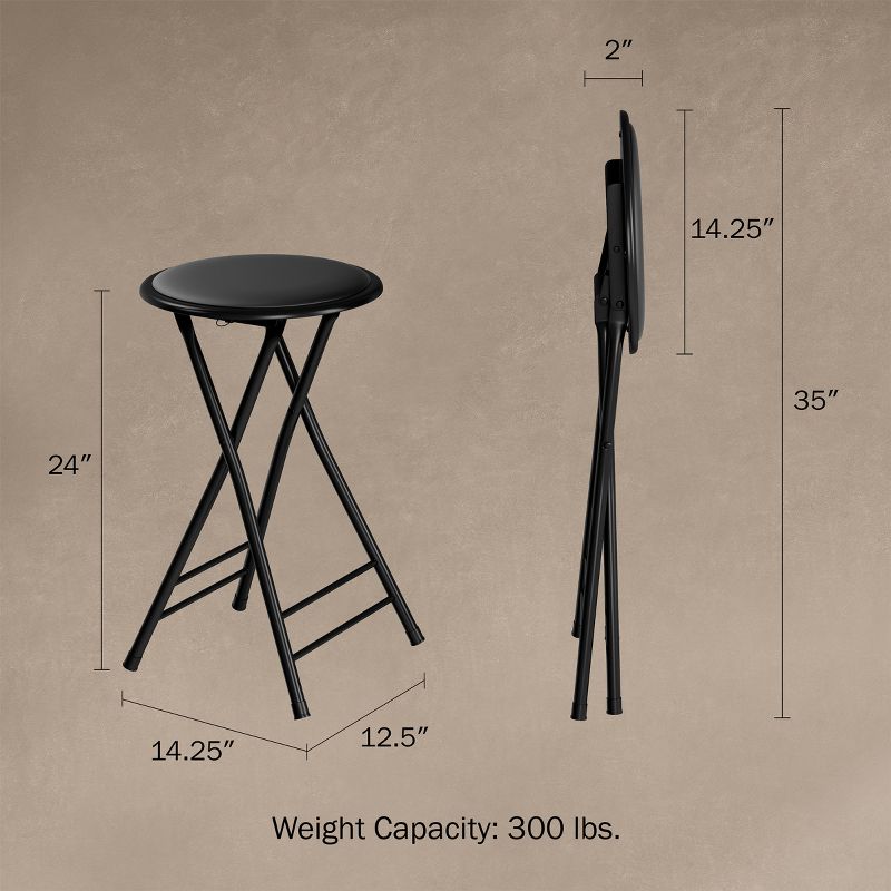 Set of 2 Counter Height Bar Stools – 24-Inch Backless Folding Chairs with 300lb Capacity for Kitchen, Rec Room, or Game Room by Trademark Home (Black), 2 of 5