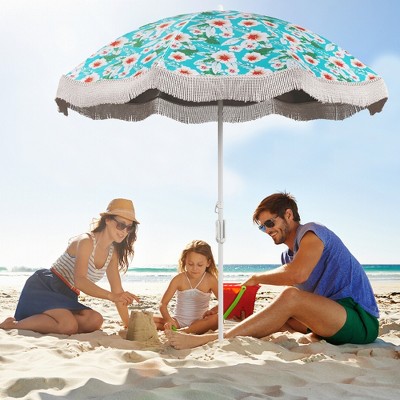 Green Floral Polyester Beach Umbrella with Fringe and Tilt Mechanism