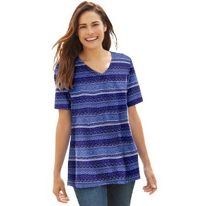 Woman Within Perfect Printed Short-Sleeve V-Neck Tee - 1 of 4