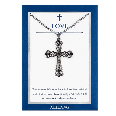 Anna-Kaci Black & Silver Gunmetal Crystal Cross Necklace with Religious Message Card & Envelope Jewelry Gift