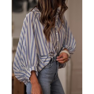Women Striped Balloon Sleeve Blouse Button Closure Ruffled Peplum