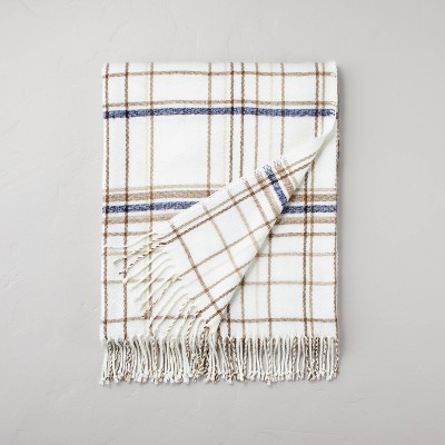 Thin Stripe Plaid with Twisted Fringe Throw Blanket Cream/Navy/Brown - Hearth & Hand™ with Magnolia