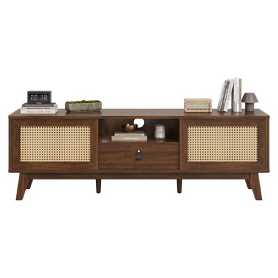 Fontoi TV Stands and Consoles, Rattan TV Stand with Drawer and 2 Cabinets, Entertainment Center with Storage for Living Room, Brown, 15.4"*19.3"*59"