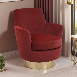 Velvet Swivel Barrel Chair with 360-degree Rotation and Gold Iron Base - 1 of 4