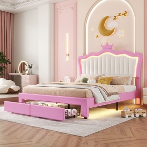 NicBex Bed Frame with LED Lights,Upholstered Bed Frame with Storage Drawers,Princess Bed With Crown Headboard for Girls, No Box Spring Needed,Pink+White - 1 of 4