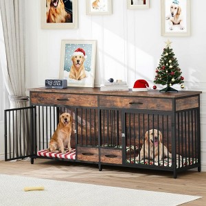 91.3in Double Dog Crate Furniture with Dog Feeder Dog Kennel Indoor with Drawers - 1 of 4