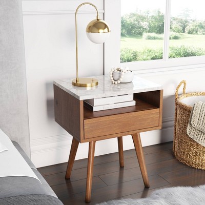25" Walnut and Faux Marble Side Table with Storage Drawer