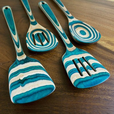 Baltique 4pc Mykonos Utensil Set: Wood Kitchen Tools, Hand Wash, Adult Cooking Utensils, Turquoise Blue — фото 2