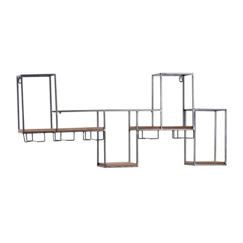 9- Bottle Brown Geometric Wall Wine Rack with 6 Glass Holder Slots