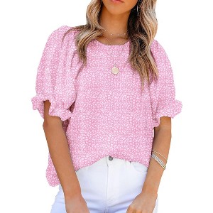 Zeagoo Womens Blouses Dressy Casual Spring Floral Print Crewneck Smocked Puff Short Sleeve Shirts - 1 of 4