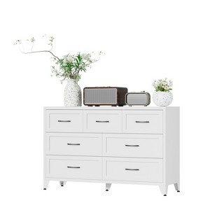 wide short dresser 7-Drawer Dresser, Wide Low-Profile Storage Cabinet, White Metal Chest of Drawers for Bedroom, Living Room & Entryway