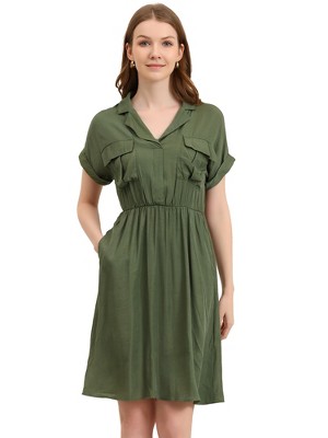 Allegra K Women's Notched Lapel Elastic Waist Pocket A-Line Safari Shirt Dresses