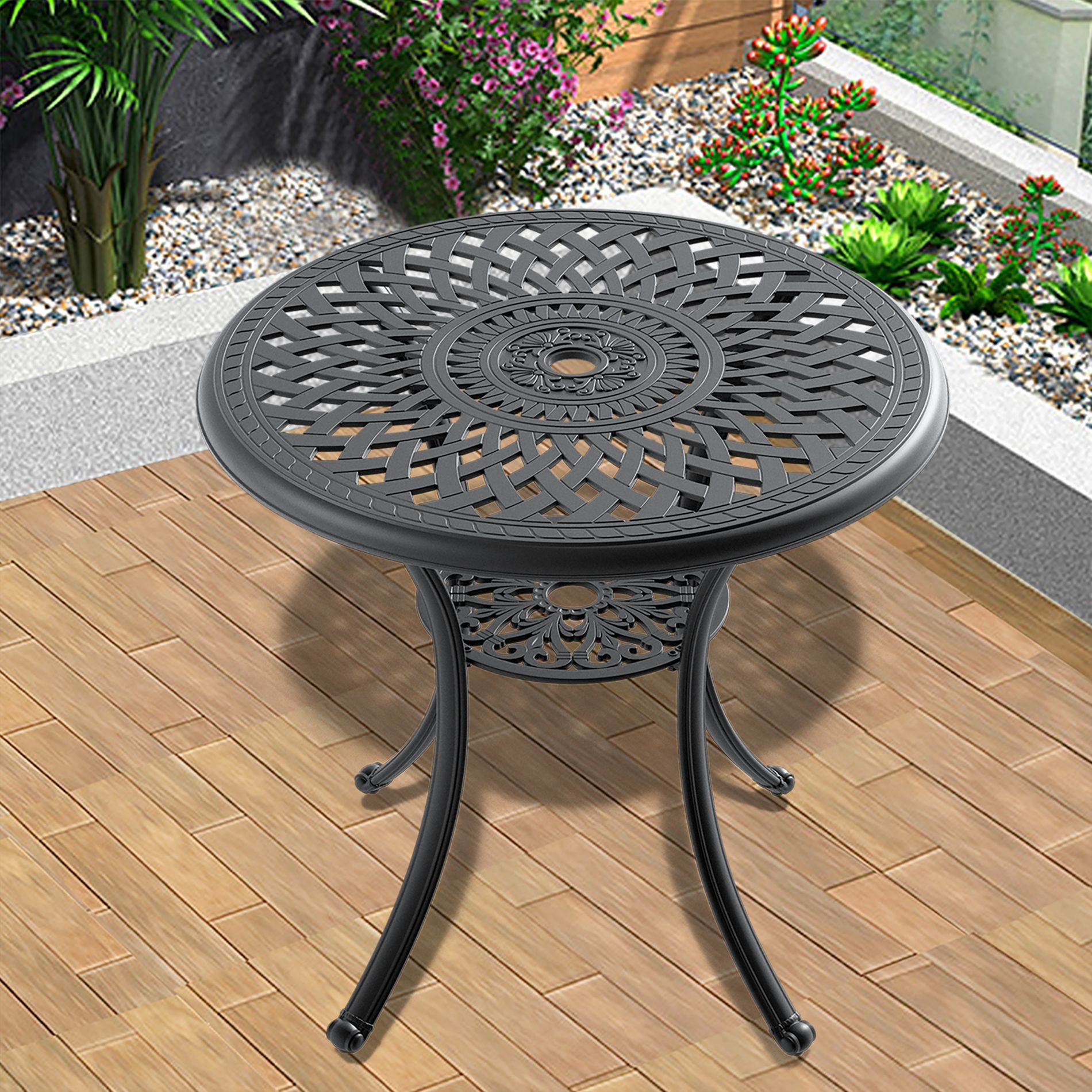 Cast Aluminum Patio Round Dining Table with Black Frame & Umbrella Hole