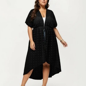 plus size sheer cover up dress Swim Lushoire Women's Plus Size Black Boho Sheer Coverup Dress,Solid Color  Drawstring Waist Hollow Out Beachwear,Summer Holiday Vacation Swimming Pool  Beach Wear
