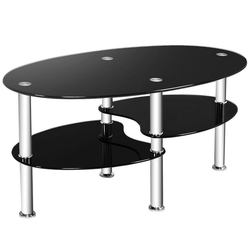 Costway Tempered Glass Oval Side Coffee Table Shelf Chrome Base Living Room Black, 1 of 10