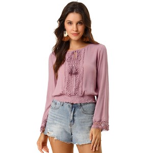 Allegra K Women's Round Neck Bell Long Sleeve Smocked Hem Cropped Blouse - 1 of 4