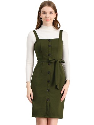 INSPIRE CHIC Women's Classic Button Decor Slim Fit Sleeveless Tie Waist Pinafore Overall Dress