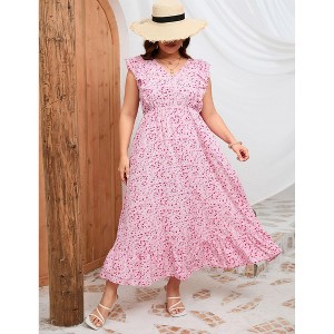 Womens Plus Size Casual Sleeveless Maxi Dress Ruffle Sleeve A Line Swing Summer Maxi Dress with Pockets - 1 of 4
