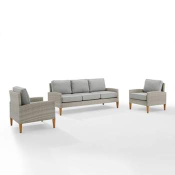 Capella Outdoor Wicker 3 Pc Sofa and Two Chair Set - Gray/Acorn - Crosley