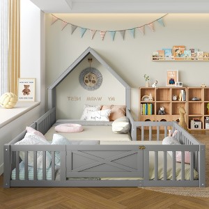 Twin/Full Kids House Floor Bed, Double Twin Floor Bed Frame with Door & Full-Length Guardrails - ModernLuxe - 1 of 4